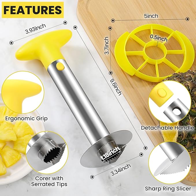 CUNSENR Premium Pineapple Corer and Slicer Tool - Pineapple Cutter with Sharp Serrated Tips - Easy to Use & Clean - Stainless Steel Core Remover for Pineapple - Slice and Core Fruits with Ease(Yellow)