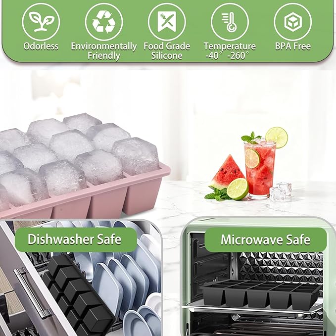 Ice Cube Trays for Freezer, 2 Pack Easy Release Slicone Ice Cube Tray with Lid, BPA Free Stackable Flexible Ice Molds 15 Square Reusable Ice Cubes for Whiskey, Baby Food, Iced Coffee (Pink)