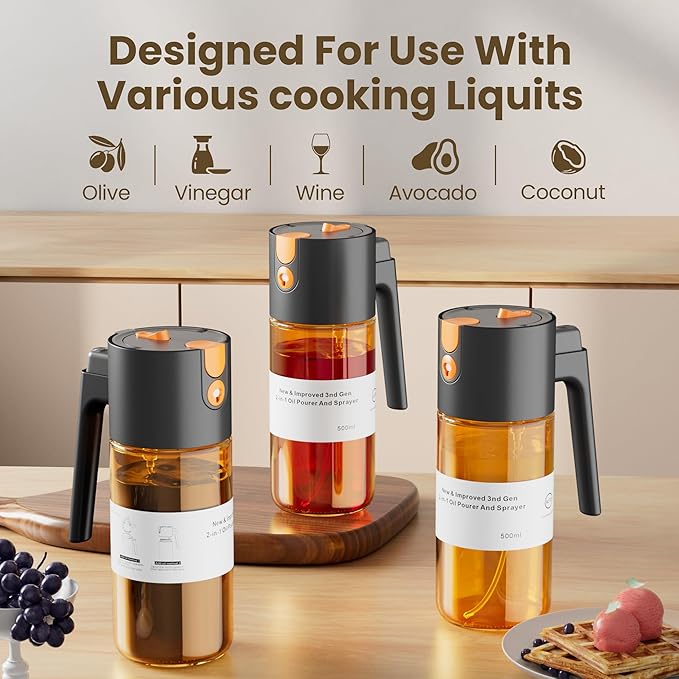 LAKUMIQI 2 in 1 Oil Sprayer for Cooking, 17oz Light-Blocking Glass Spray Bottle with Stickers, Oil Dispenser for Salad, Air Fryer & BBQ