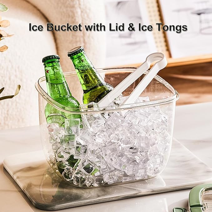 6.7L Ice Cube Storage Bin with Sealed Lid for Freezer Clear Ice Bucket w/ Tong for Bar Refrigerator Containers for Home Beverage Cooler for Whiskey Wine Beers Party Outdoor 8.5*6.6*7.4in Yellow