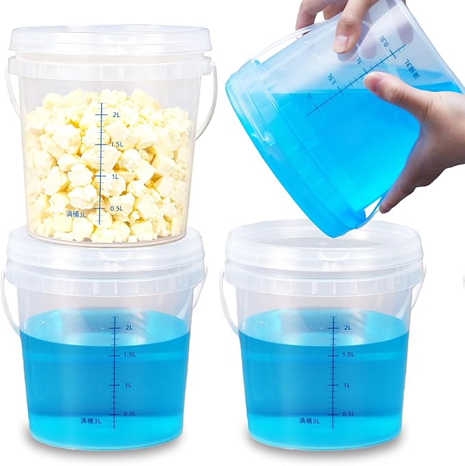 4 Pack 3 Quart Clear Plastic Buckets with Airtight Pressure Lids - Food Grade Storage Containers with Tear Strip & Blue Measurement Markings for Food, Soup, Freezer