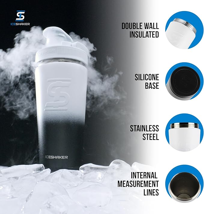 Ice Shaker Stainless Steel Shaker Bottle | 26oz, Black/White | Stays Cold for 30+ Hours | Insulated Cup with Twist-on Agitator | Odor-Free Shaker Cup for Protein Shakes, Water, Smoothies