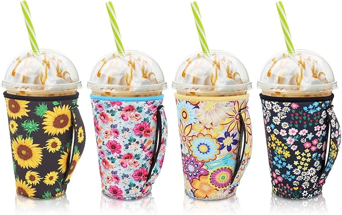 4Pack Reusable Iced Coffee Sleeve Insulator Sleeves for Cold Drinks Beverages, Neoprene Cup Holder for Most Coffee, Fits 30-32oz Large Cups (Floral Meadow With Handle)