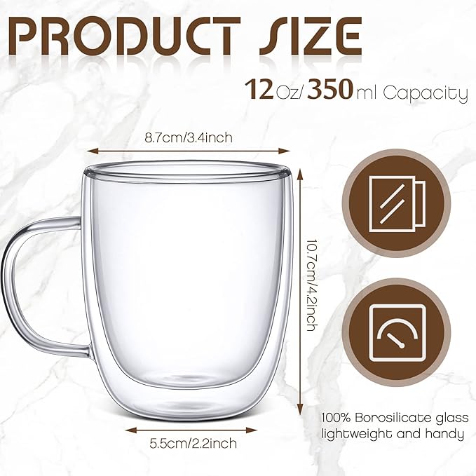 Gerrii Espresso Cups Double Walled Espresso Shot Glass with Handle Cups Insulated Clear Small Shot Glasses for Cappuccino Latte Hot Beverage (12 oz,Flat Bottom,8 Pcs)