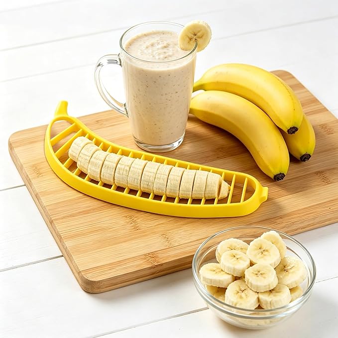 Guyuyii Banana Slicer – Safe, Easy Kitchen Gadget for Kids and Adults | Get 18 Even Slices in Seconds | Perfect for Fruit Salad, Cereal and Dessert Prep | Manual and Dishwasher Safe
