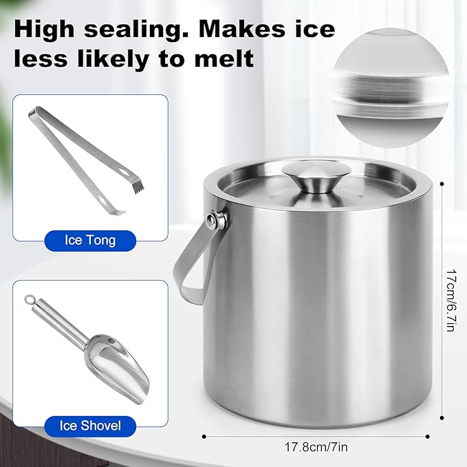 Ice Bucket, 3L Double Wall Insulated Ice Bucket with Lid,Scoop,Tongs- Inner Layer 304 Stainless Steel Ice Container Keep Ice Frozen Longer- Ideal for Cocktail Bar,Parties,Chilling Beer Win