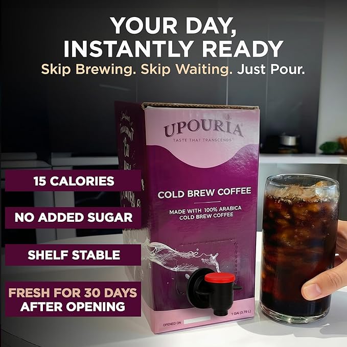 Upouria Cold Brew Coffee on Tap | Ready to Drink Cold Brewed Coffee | Drink Extracted from Premium Beans | 208mg Caffeine Content | Made from 100% Arabica Extract | Black & Bold | 128 fl oz