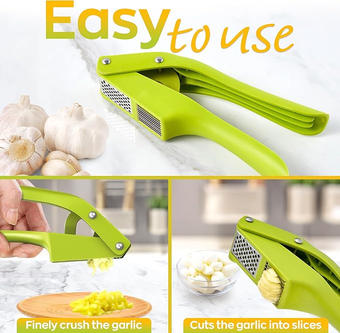 2 in 1 Garlic Slicer and Mincer - Multipurpose Garlic Press and Slicer, Stainless Steel and Durable Plastic, 7.6 x 1.7 x 2.5" Convenient Size, Easy to Use and Clean, Good for Home and Commercial Use