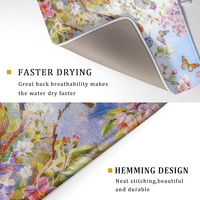 Floral Birds Dish Drying Mat Spring Decoration Absorbent Dish Drain Cloth Mat 18 X 24 for Kitchen Coffee Bar