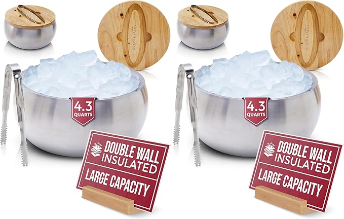Gusto Nostro 4.1L Insulated Ice Bucket with Lid and Tongs, Double Wall Stainless Steel Ice Bucket Large, BPA Free Ice Bucket for Cocktail Bar, Keeps Champagne, Wine, Beer Chill for Parties (Pack of 2)