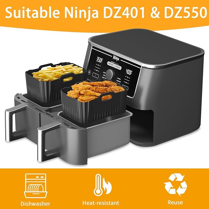 2PCS Silicone Air Fryer Liners, Reusable Silicone Liners for Ninja DZ401, DZ550, DZ302, Ninja Foodi Dual Air Fryer Accessories Baking Tray for 10 QT Airfryer Baskets