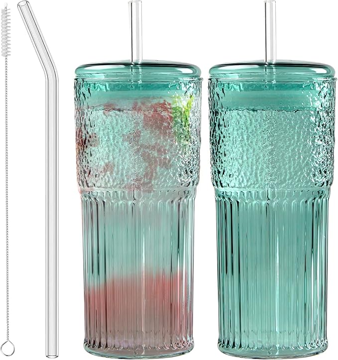 JunVpic Glass Coffee Cups with Lids and Straws, 20 OZ Green Iced Water Glasses Tumblers for Ice Juice, Tea, Milk, Smoothie and Cold or Hot Drinks, Set of 2