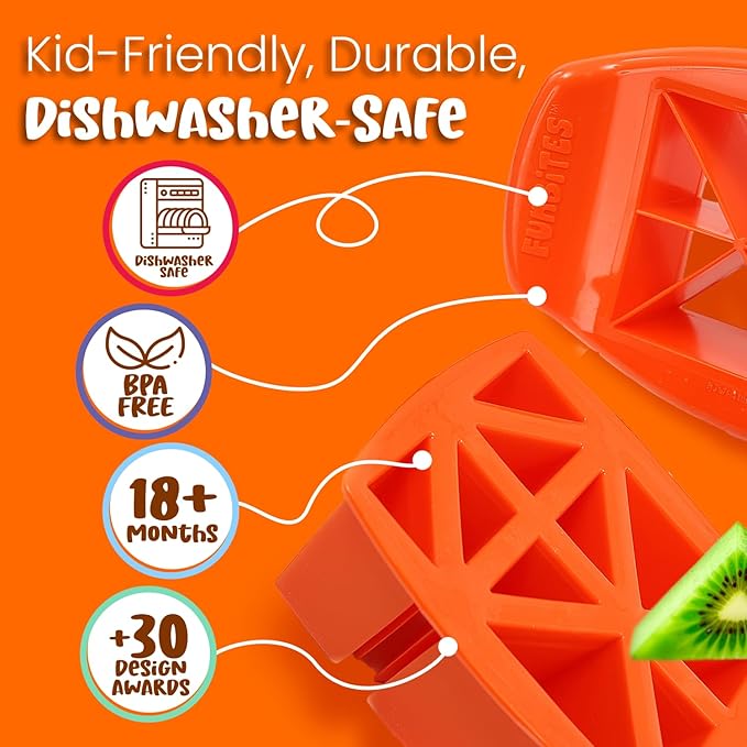 FUNBITES Crustless Sandwich Cutter for Kids Lunch (2-piece set), Uncrustable Sandwich Cutter, Bite-Size Food Cutter for Toddlers, Bento Box Accessories, BPA-FREE Dishwasher Safe, Orange Triangles 1pk