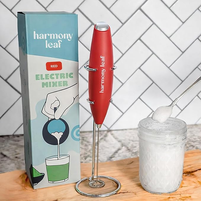 Harmony Leaf Handheld Milk Frother, Stainless Steel Electric Drink Mixer with Stand, Battery Operated Coffee Frother for Lattes, Matcha, Hot Chocolate and More, Red