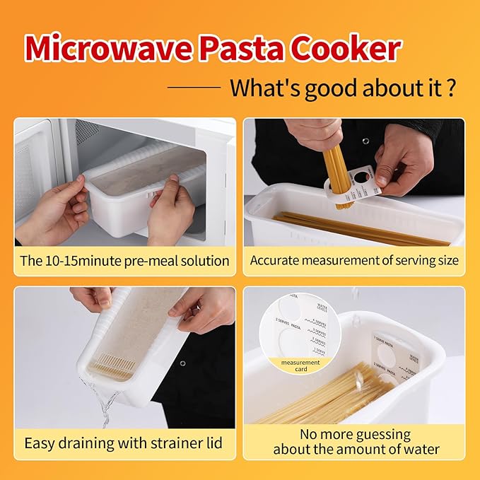Microwave Pasta Spaghetti Cooker Pot with Strainer Lid,Pasta Cooker in Microwave with Water Level and Spaghetti Portion Measuring Device,Dormitory Office Apartment Kitchen Essentials