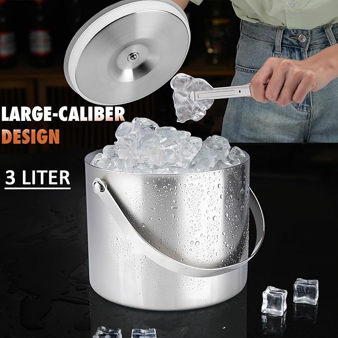 Ice Bucket, 3L Double-Wall Stainless Steel Insulated Ice Bucket With Lid and Ice-Tong, Ice-Buckets for Parties Home Bar, Chilling Beer, Champagne, Wine Bottle(Silver)