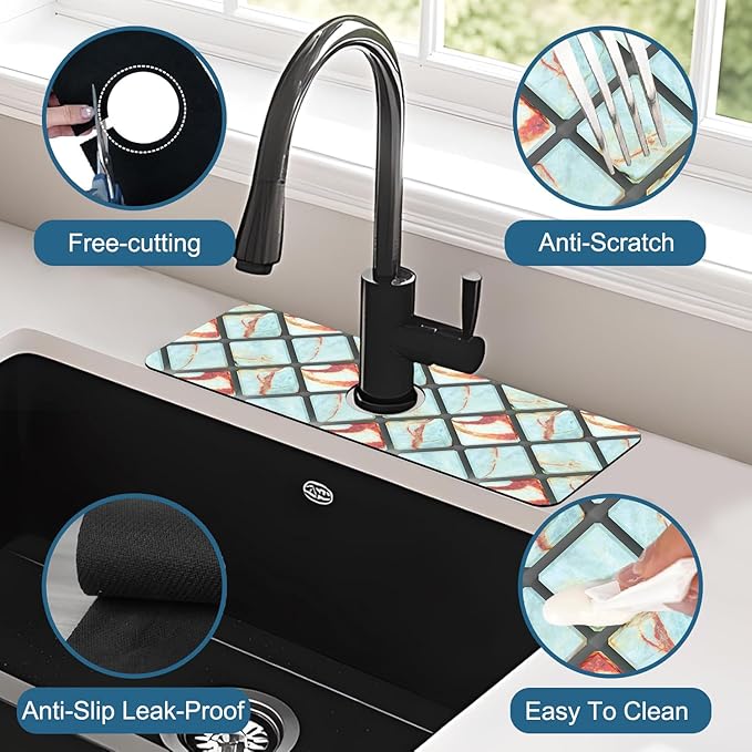 Rendering Marble Sink Splash Guard Faucet Mat Blue Wall Tiles Super Absorbent Fast Drying Mat Sink Gadgets-Splash Guard Behind Faucet Drip Catcher for Kitchen Bathroom, 15.5"x5.5"
