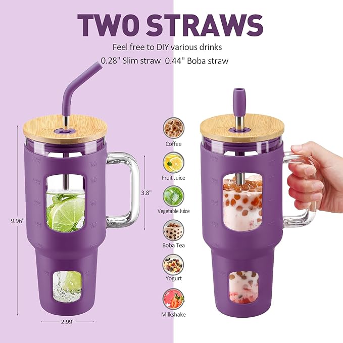 WINSA Glass Tumbler with Straw and Lid, 40 oz glass cup with handle, Glass Water Bottles with Time Marker, Silicone Protective Sleeve-Dark Purple