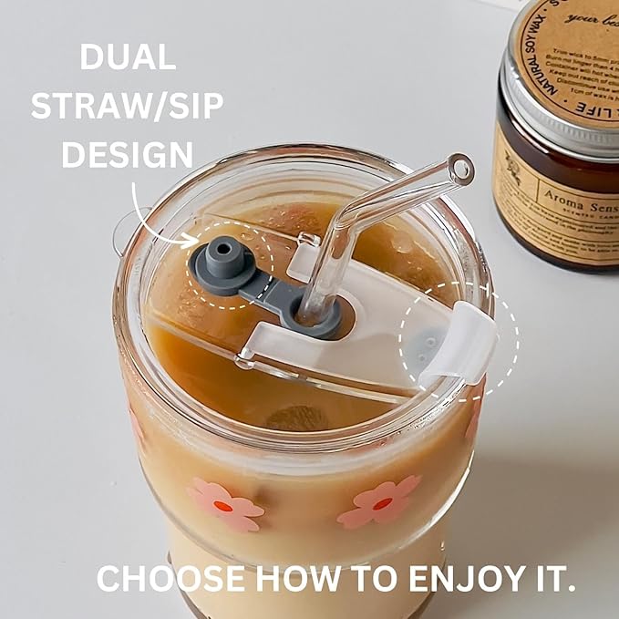Olvini 13oz Glass Tumbler with Straw and Lid, Reusable Iced Coffee Cup Tumbler, Cute Glass Cups for Water, Matcha, Travel Coffee Mugs (Bon Appétit)