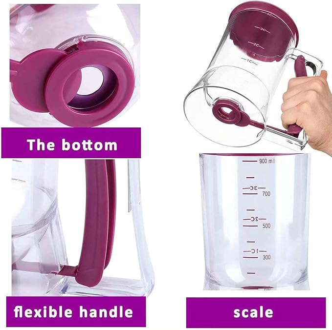 4 Cup Pancake Cupcake Batter Dispense, 900mL Pancake Dispenser For Batter With Measuring Label Squeeze Handle Bracket and Silicone food brush for Cupcakes Crepes, Cake or Any Baked Goods