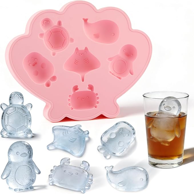 Fu Store Ice Cube Tray Shell Silicone Ice Cube Trays with Cute Marine Life Shapes Cubes Easy to Release Perfect for Freezer Home, Kitchen, Drinks, Cocktail, Coffee, Chocolate Mold (Pink)