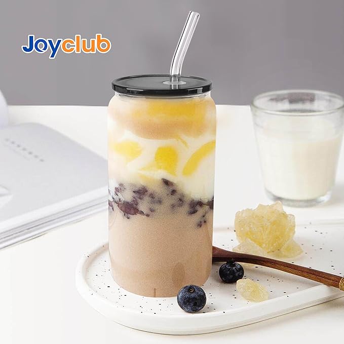 Joyclub 4pcs Glass Cups with Acrylic Lids and Straws 16 oz Can Shaped Glass Iced Coffee Cups with Lids and Straws, Cute Tumbler Cup Drinking Glasses for Smoothie Whiskey Boba Soda Tea Gift