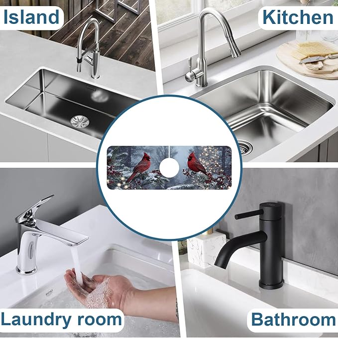 Winter Sink Splash Guard Faucet Mat Cardinal Christmas Super Absorbent Fast Drying Mat Sink Gadgets-Splash Guard Behind Faucet Drip Catcher for Kitchen Bathroom, 15.5"x5.5"