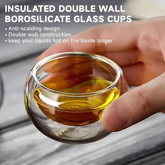 YMMIND 4 Pack Double Walled Glass Teacups Insulated Glasses - (4oz / 120ml) Heatproof Borosilicate Tea Cup, Mini Espresso Cups Gift Box