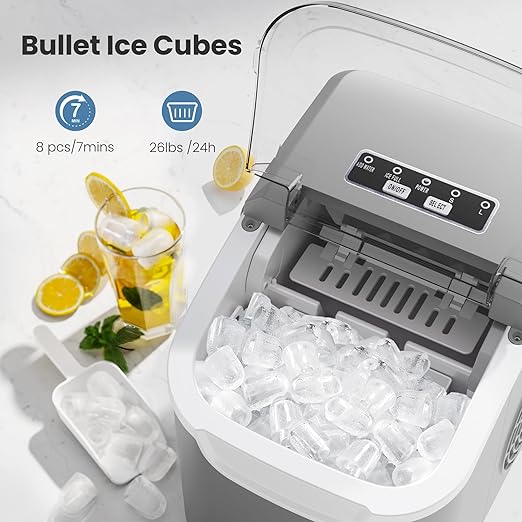 Crzoe Ice Makers Countertop with Handle, 2 Sizes of Ice, 8 Bullet Ice Cubes in 6 Mins, 26Lbs/24H, Portable Ice Maker with Self-Cleaning, Ice Machine for Home&Kitchen&Office&Party (Grey)