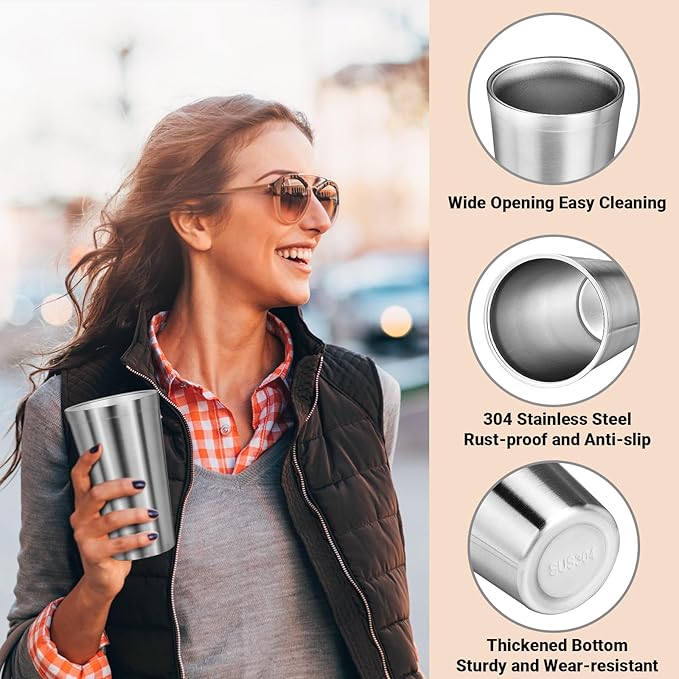 Stainless Steel Cup, 16 oz Insulated Tumbler, 8 Pack Double Wall Unbreakable Stackable Water Tumblers Insulated Metal Cup Premium Drinking Glasses for Travel Camping Home Outdoor