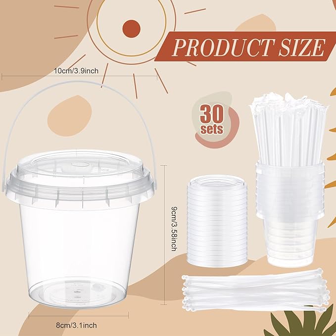 Funnymoom 30 Set 24 oz Clear Drink Buckets Cups with Lids & Straws Boho Disposable Plastic Rum Cocktail Pails Bulk with Handles & Stickers for Adults Bachelorette Graduation Tailgate Party Supplies