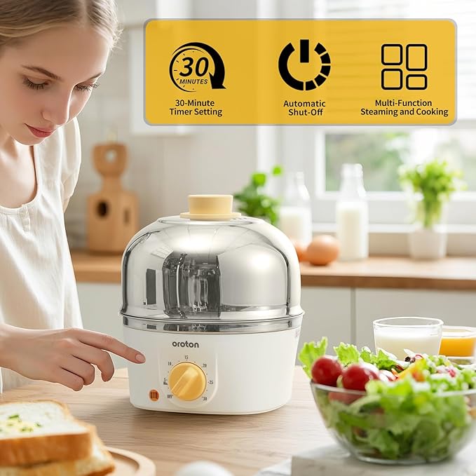 Oroton 9-Egg 304 Stainless Steel Egg Cooker – Steam & Boil Eggs with Timer, Automatic Shut-Off & 3 Cooking Modes (Hard/Medium/Soft)