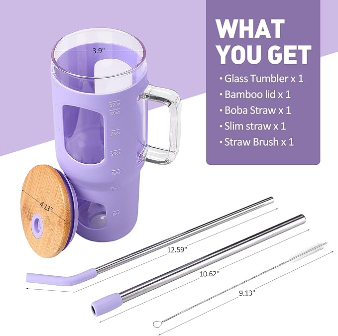 WINSA 32 oz Glass Tumbler with Straw and Lid, Glass Water Bottles with Time Marker, Silicone Protective Sleeve - Purple