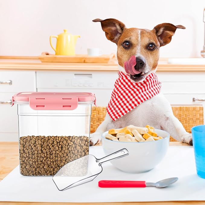 Patelai 6 Pcs Dog and Cat Food Storage Containers with Scoops Set Plastic Pet Food Storage Containers Stackable Airtight Dry for Kitchen 1.27 Qt, 2.4 Qt, 4 Qt(Pink)