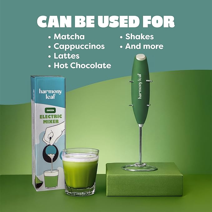 Harmony Leaf Handheld Milk Frother, Stainless Steel Electric Drink Mixer with Stand, Battery Operated Coffee Frother for Lattes, Matcha, Hot Chocolate and More, Green