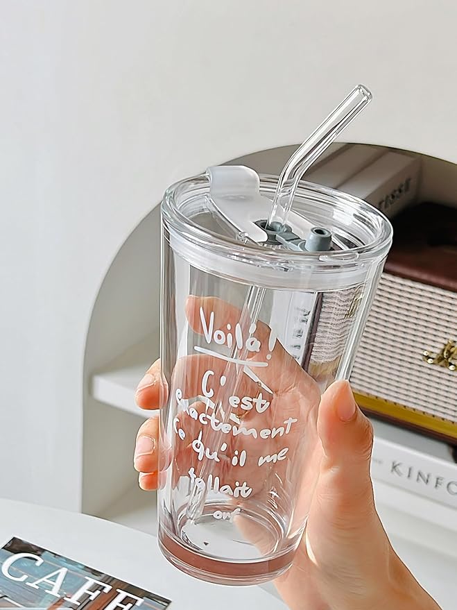 Olvini 15oz Glass Tumbler with Straw and Lid, Cute Iced Coffee Cups, Aesthetic Glass Cups, Coffee Tumbler, Water Cup, Matcha Cup, Drinking Glasses (The Perfect Match)