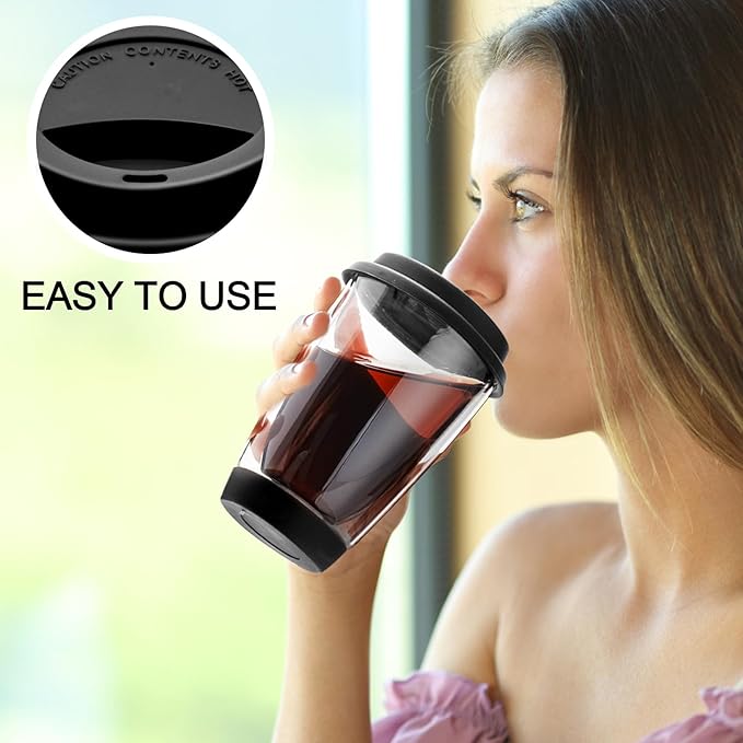 gegewawa Double Walled Glass Coffee Mugs, Glass Coffee Cugs with Silicone Lid 12OZ, Insulated Coffee Mug, Clear Coffee Mug for Travel/Kitchen(Black)