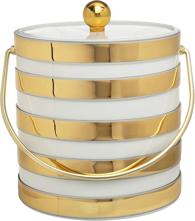 Made In USA Metallic Deco Collection Double Walled Insulated Ice Bucket With Ice Tongs (3-Quart, White & Gold Stripes)