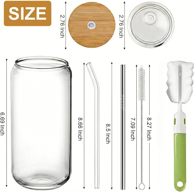 Glass Cups with Lids and Straws, 20 oz Dual Lid Two Straw Tumbler, Travel Home Versatile Beer Can Cup, Iced Coffee Drinkware, Clear Mug for Smoothie Beverage with Two Cleaning Brushes