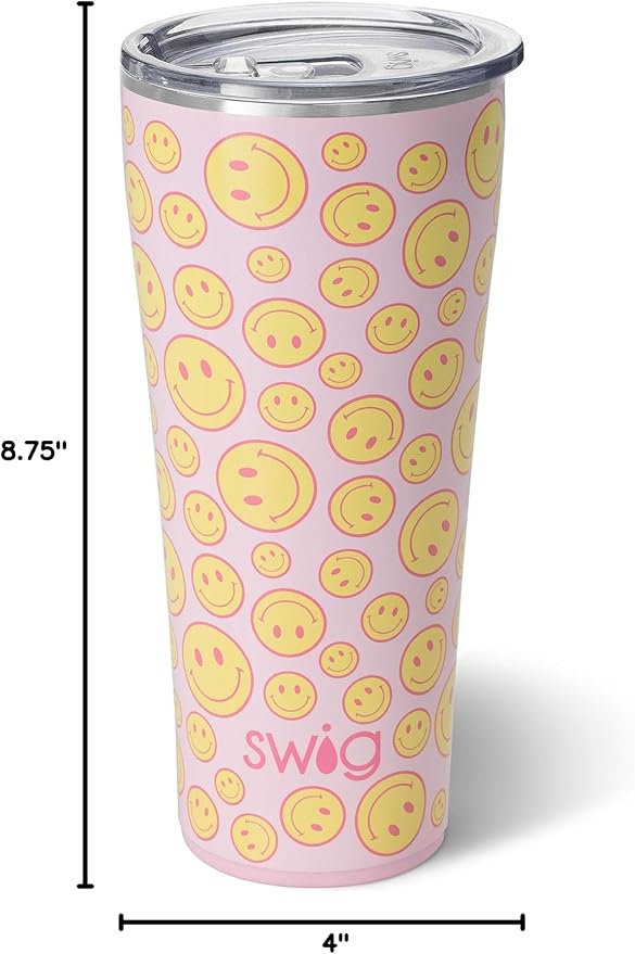 Swig Life 32oz Insulated Tumbler, Travel Coffee Tumbler with Lid, Cup Holder Friendly Travel Coffee Mug, Stainless Steel with Lid (Oh Happy Day)