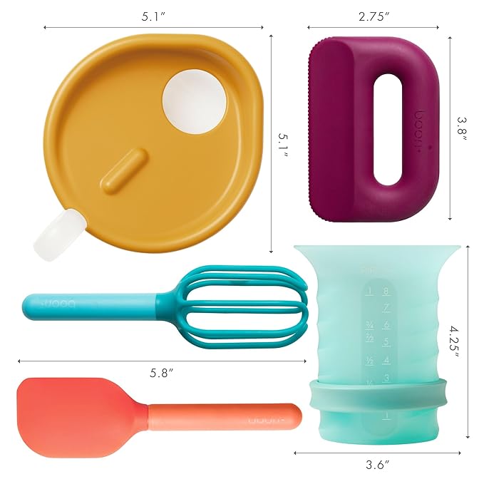 Boon Intro Toddler Food Prep Set - Kids' Kitchen Tools - 5 Unique Toddler Kitchen Accessories Includes Spatula, Egg Cracker, Chopper, Measuring Cup, Bowl - Ages 3+ Years