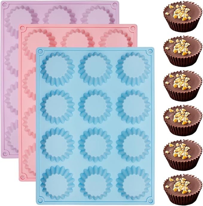 Silicone Peanut Butter Cup Molds, 3 Pack, 12-Cavity Non-stick Candy Chocolate Making Trays for Brownie Mini Tart Pudding Jelly