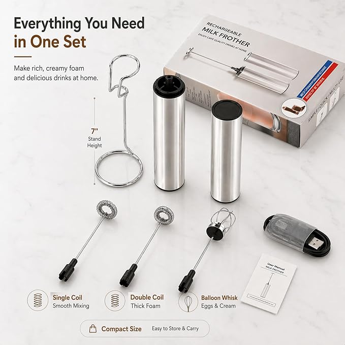 Rechargeable Milk Frother with Stand, Electric Whisks Foam Maker, POWERFUL USB C 2 Speed Handheld Drink Mixer for Coffee, Latte, Cappuccino, Matcha Drinks,Silver