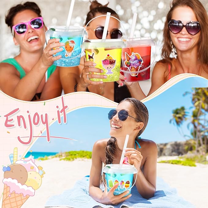 Funnymoom 30 Set Drink Buckets with Lids & Straws 24 oz Clear Plastic Disposable Ice Cream Cups Rum Cocktail Pails Bulk with Handles & Stickers for Summer Holiday Outdoor Beach Pool Party Supplies