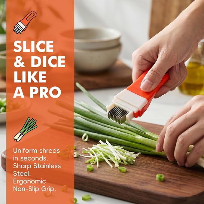 Unomor Green Onion Cutter Vegetable Slicer Scallion Shredder Kitchen Tool - Stainless Steel Multi Blade Cutter with Non Slip Handle for Meal Prep Salad Garnish Chili Cooking