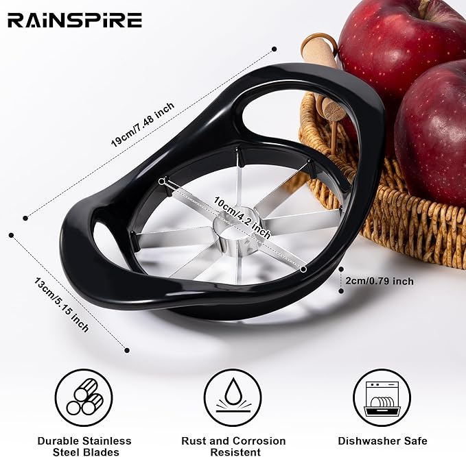 Rainspire Apple Cutter 8 Slices, 8 Blade Apple Slicer and Corer, Apple Corer Tool with Stainless Steel Blades, Super Sharp Fruit Cutter Fruit Slicer (Black)