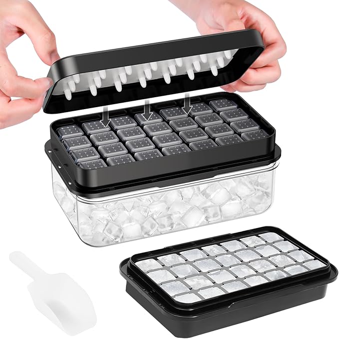 Ice Cube Tray with Lid and Bin, 28 pcs Ice Cubes Molds, Ice Trays for Freezer, Ice Cube Tray Mold, with 1 tray, Ice Freezer Container, Spill-Resistant Removable Lid & Ice Scoop, for Whiskey,Cocktail