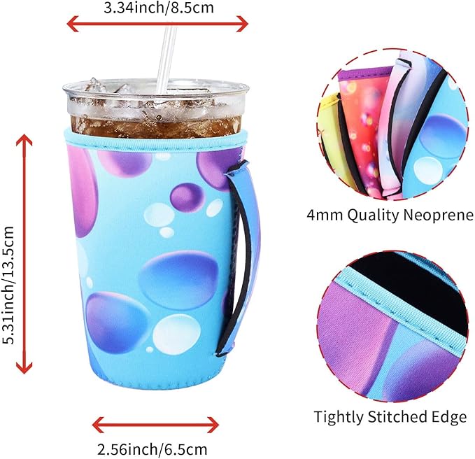 4Pack Reusable Iced Coffee Sleeve Insulator Sleeves for Cold Drinks Beverages, Neoprene Cup Holder for Most Coffee, Fits 22-24oz Medium Cups (Gradient with Handle)