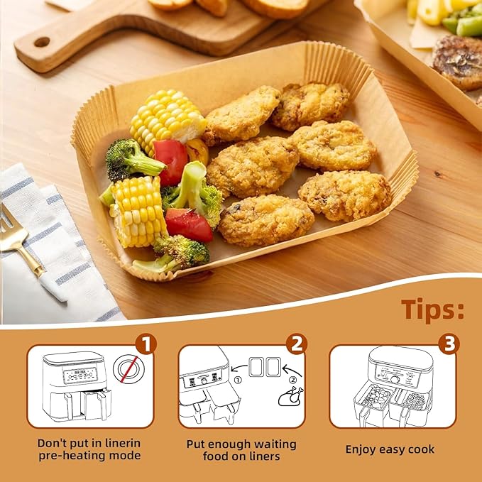 Air Fryer Paper Liners for Dual Zone Airfryer, 200pcs Rectangle Disposable Inserts for Ninja Foodi DZ201 DZ401 DZ550, Bella Slim 4 qt & other 8-10 qt 2-Basket Air Fryers (9'' x 6'' on Top)