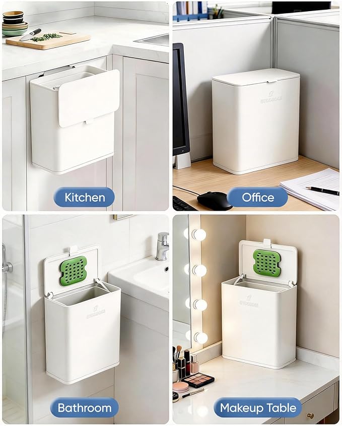 Kitchen Compost Bin, 10L/2.6G Trash Can with Lid, Slim Stainless Steel Hanging Garbage Bin for Kitchen, Bathroom, Bedroom, Office, Wall Mounted Compost Bin with Inner Bucket, White